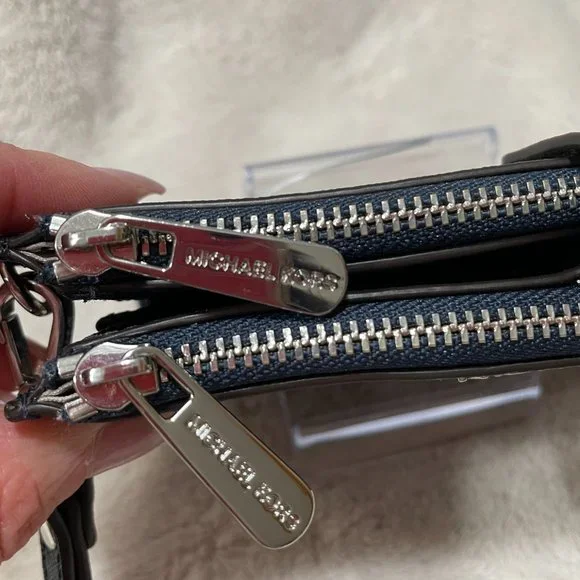 Michael Kors Jet Set Travel Large Double Zip Phone Wallet Wristlet Navy Leather - Picture 9 of 16